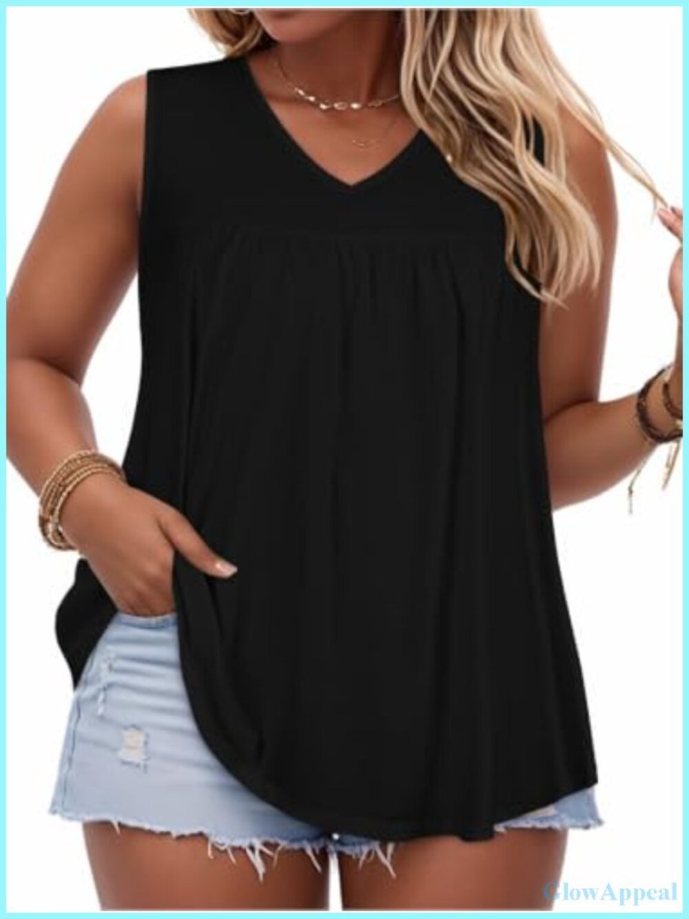 Plus Size V-Neck Tank Tops Summer Sleeveless Cotton Blend Flowy Blouse